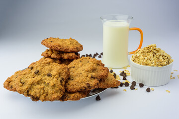 Homemade oatmeal cookies with chocolate chips and walnuts.