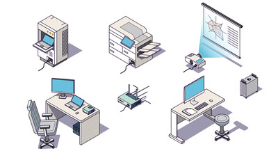 Isometric office, network and IT equipment