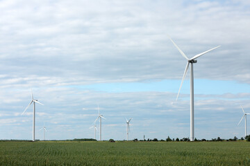 Beautiful view of field with wind turbines. Alternative energy source