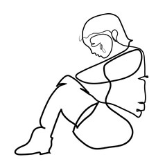 One continuous line drawing of abandoned child.
Simple one line drawing of sad child crying and sitting on the ground.