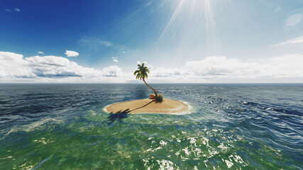 Uninhabited or desert island with palm trees on it in the shallow turquoise water. 3d rendering © Aldeca Productions