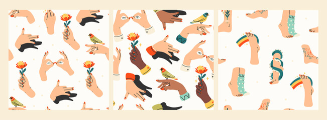 Human body parts. Hand with flower, Shadow puppet barking dog, legs in wool socks, snake. Set of three Hand drawn colored trendy vector seamless patterns. Wallpapers, Background texture