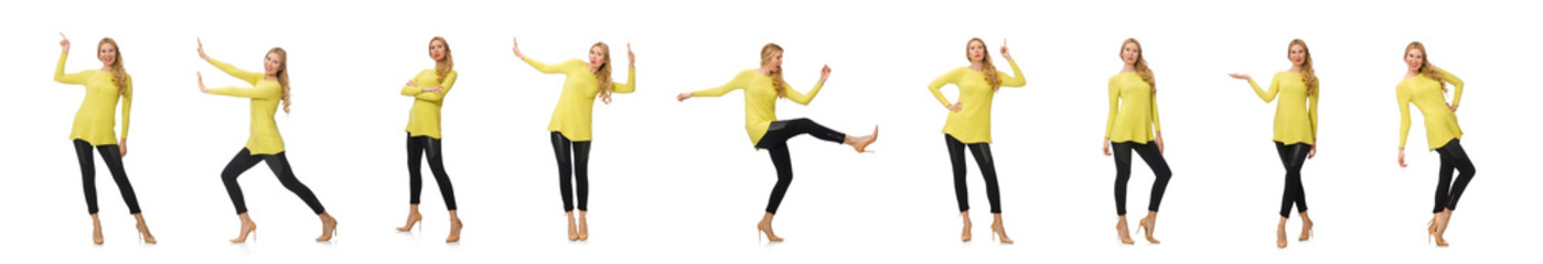 Pretty young woman in yellow blouse isolated on white