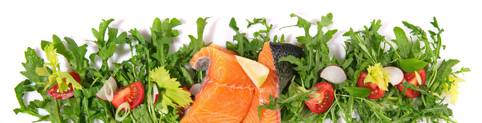 Raw Salmon Fillet with fresh Rocket Salad - Panorama