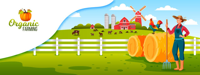 Organic farm livestock illustration with young woman, mill, pitchfork, cockerel, haystacks, green meadow. Woman farmer in hat watching livestock. Rural landscape in flat style with village houses