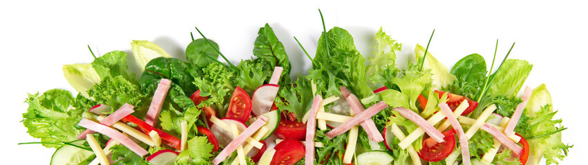 Obraz na płótnie Canvas Mixed Salad with sliced Ham and Cheese - Fresh Lettuce Panorama