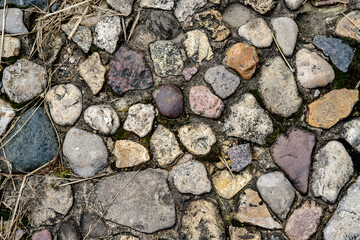 A background of small stones of various shapes, colors and textures that have grown into the ground and are overgrown with grass and moss in between.