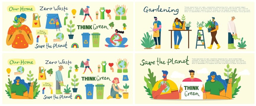 Set of eco save environment pictures. People taking care of planet collage. Zero waste, think green, save the planet, our home hand written text in the flat design
