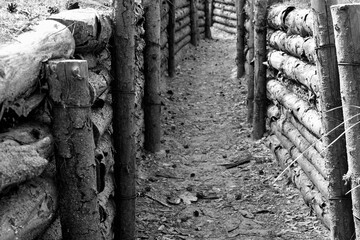 Battlefield trench. Black and white image.