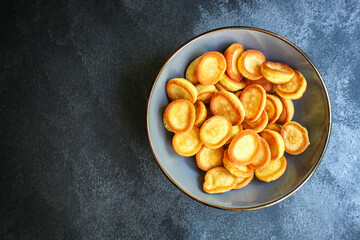 mini pancakes cereal delicious sweet dough dessert breakfast Menu concept serving size. food background top view copy space 