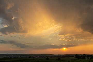 Naklejka na ściany i meble Nice sunset dramatic sky with landscape silhouette, Palava Czech republic