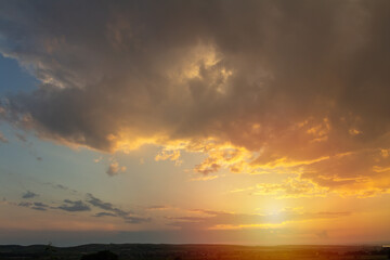 Fototapeta na wymiar Nice sunset dramatic sky with vineyard land silhouette, Palava Czech republic