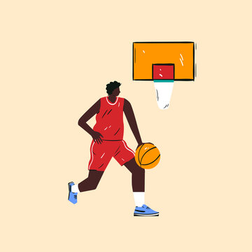 A black man playing basketball vector cartoon illustration. Player in form dribbles in flat style. Champions league design poster.