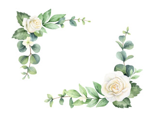 Watercolor vector hand painted wreath with green eucalyptus leaves and white roses. - obrazy, fototapety, plakaty