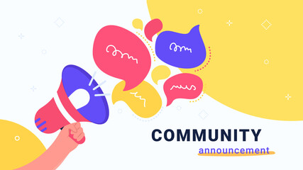 Community announcement with loud megaphone. Flat vector modern illustration of human hand holds red loud-hailer with speech bubbles for community alert in social media. Concept design for promo banner