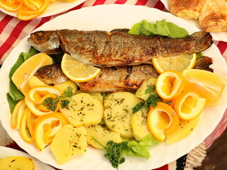 Baked trout with boiled potatoes, parsley and lemon  on white plate