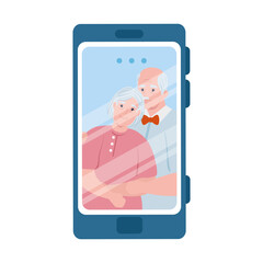 smartphone video call, old couple in conference video call online vector illustration design