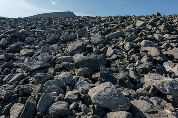Large boulders of rock, in a national park in the Polar Urals, Russia. Hiking concept.