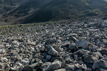 Large boulders of rock, in a national park in the Polar Urals, Russia. Hiking concept.