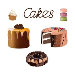 baking set, cake, chocolate cupcake, macarons, cream brownie vector illustration