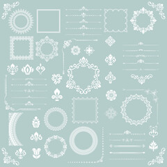 Vintage set of vector horizontal, square and round elements. White elements for backgrounds, frames and monograms. Classic patterns. Set of vintage patterns