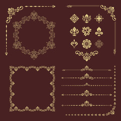 Vintage set of vector horizontal, square and round elements. Golden elements for backgrounds, frames and monograms. Classic patterns. Set of vintage patterns