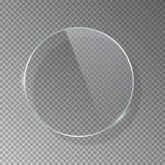 Realistic 3d circle glass frame isolated on grey transparent background. Creative border plate object. Round framework.
