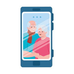 smartphone video call, old couple in conference video call online vector illustration design