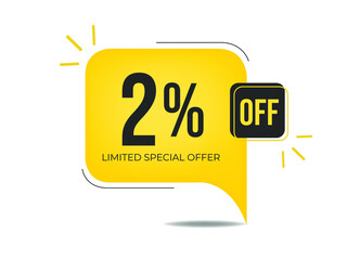 2% off limited special offer. Banner with two percent discount on a yellow square balloon.