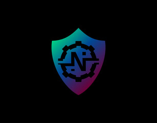 Abstract N Letter Logo With Gear Shape and Modern Shield Design. Security N Icon Design Template.