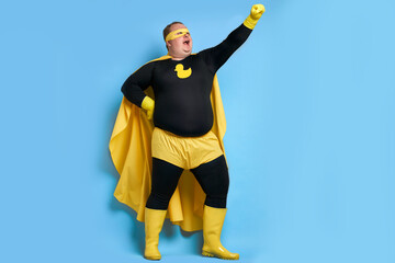 fantastic fat superhero man is defender of universe, ready to solve all problems, brave and strong....