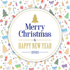 Merry Christmas and Happy New Year card. colorful icons and decor elements on a white background. Vector, illustration