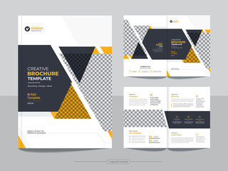 Clean corporate business bifold brochure magazine print-ready design template with minimal, creative and abstract shapes in A4 format