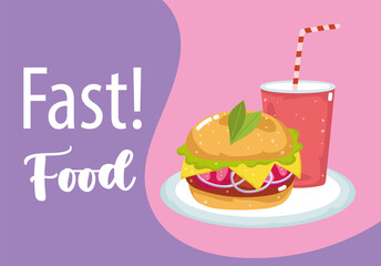 fast food burger and soda menu restaurant unhealthy, poster hand drawn lettering