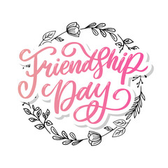 Vector illustration of hand drawn happy friendship day felicitation in fashion style with lettering text sign and color triangle for grunge effect isolated on white background