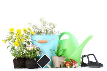 Garden tools with flowers on white background