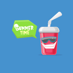 vector funny cartoon cute red party paper cola cup with straw and sunglasses isolated on blue background. funky smiling summer drink character