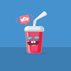 vector funny cartoon cute red party paper cola cup with straw and sunglasses isolated on blue background. funky smiling summer drink character