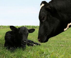 Newborn calf crossbred with Speckled Park laying in the green grass with Holstein mother cow close by watching over him