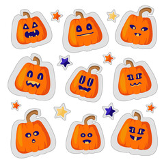 Halloween Set of stickers. Nine pumpkin faces with different emotions. Jack's stylized lantern. Multicolored stars of different sizes. For mobile applications and printing on adhesive paper. Vector