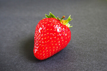 a large red juicy strawberry with a green tail on a dark gray background . summer red berry