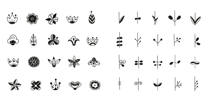 A big set of hand-drawn black floral graphic elements.Scandinavian flowers and botanical elements in doodle style. Vector illustration.