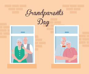 happy grand parents day with cute old people watching by the window vector illustration design