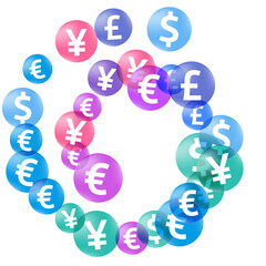 Euro dollar pound yen circle symbols flying currency vector illustration. Success backdrop. 