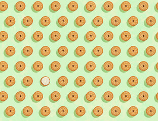 Biscuits stuffed with cream on bright green background, a recurring seamless pattern, sweet background, wallpaper. Copy space, banner. top view
