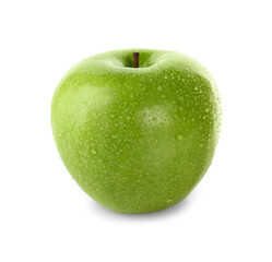 Fresh juicy green apple with water drops isolated on white