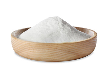 Baking soda in wooden bowl isolated on white