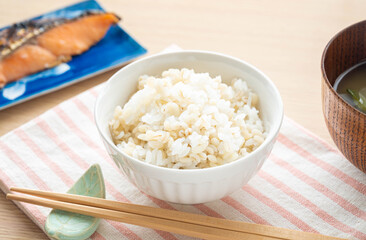 茶碗に盛ったもち麦ごはんと鮭と味噌汁