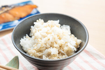 茶碗に盛ったもち麦ごはんと鮭