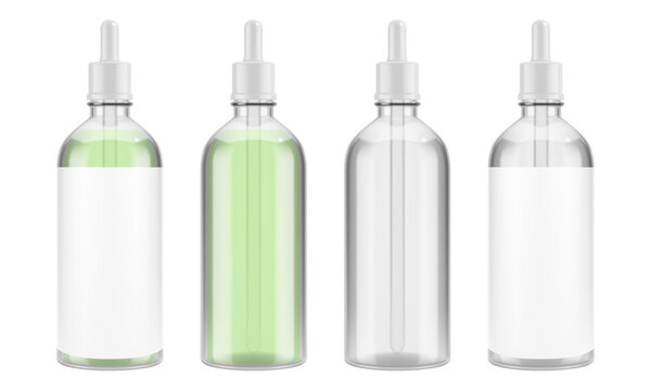 Vector glass bottle with a pipette for serum or other liquid. Transparent packaging for cosmetics. EPS 10